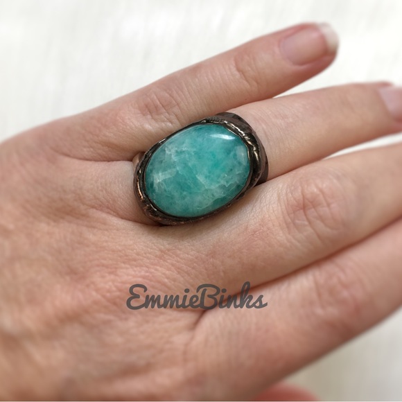 New Blue Quartz & Textured Copper Statement Chunky Cocktail Ring - Picture 12 of 16